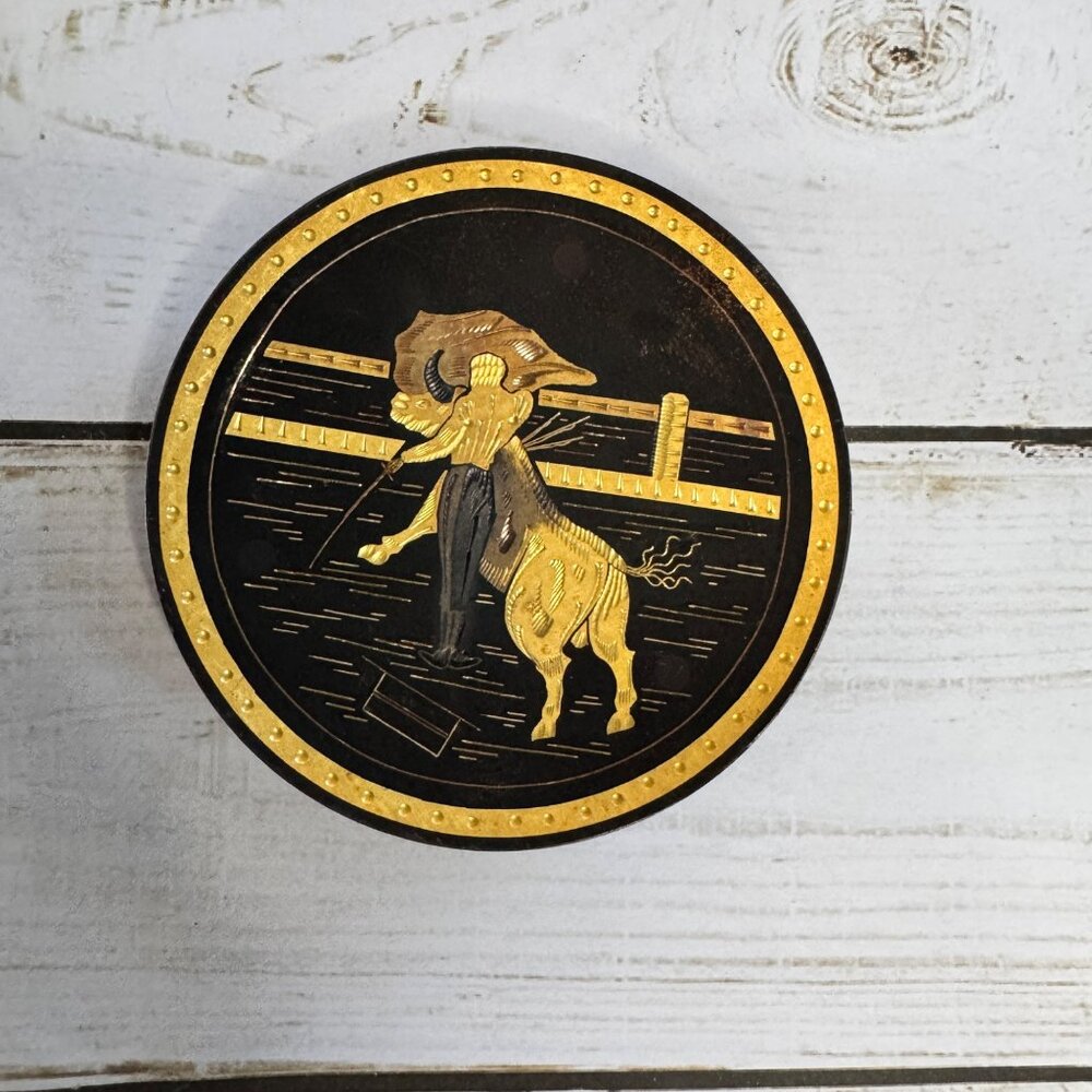 Vintage Gold Rimmed 3" Trinket Dish Bullfighter and Bull Black‎ Gold Ceramic